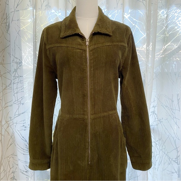 REFORMATION AARON GREEN CORDUROY COLLARED LONG SLEEVE ZIP UP JUMPSUIT - Picture 3 of 16